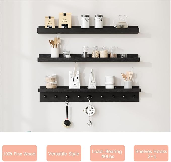 MBYD Black Picture Ledge Shelf with Hooks, 24 Inch Floating Book Shelves Kids Room, Wall Mounted Nursery Bookshelves, Hanging Bookshelf for Bedroom, Living Room, Kitchen, Bathroom Set of 3