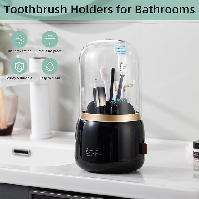 CLOKTA Toothbrush Holders for Bathrooms, Rotating 7 Slots Electric Toothbrush Holders with Cover, Countertop Toothpaste Organizers (Black)
