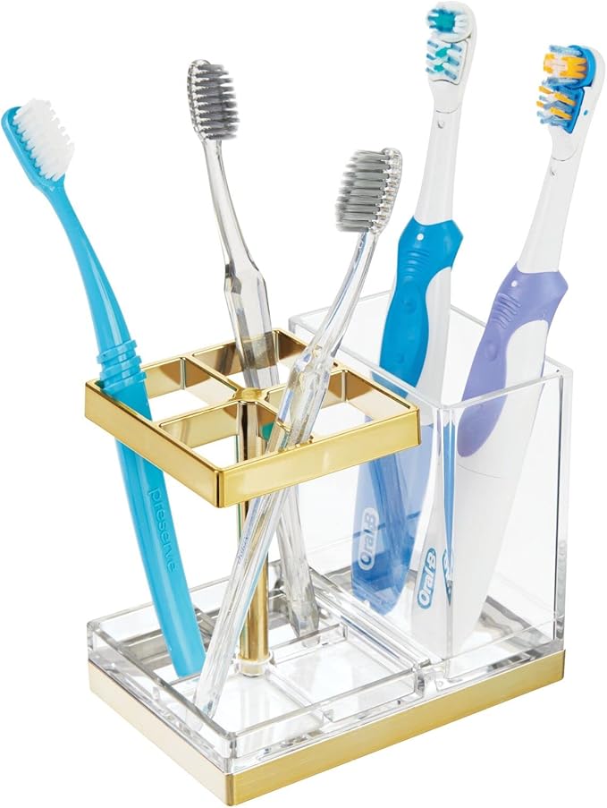 mDesign Plastic Toothbrush and Toothpaste Storage Organizer Holder - Home Decor for Bathroom Countertop - Holds Toiletries and Beauty Accessories - Lumiere Collection - Clear/Soft Brass