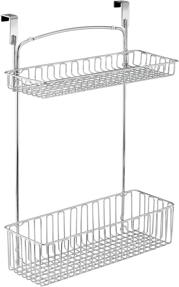 mDesign Over Cabinet Kitchen Storage Unit - Practical Organiser with Stainless Steel Storage Baskets - Hanging Cupboard Organiser for Cleaning Supplies and Cookware - Chrome