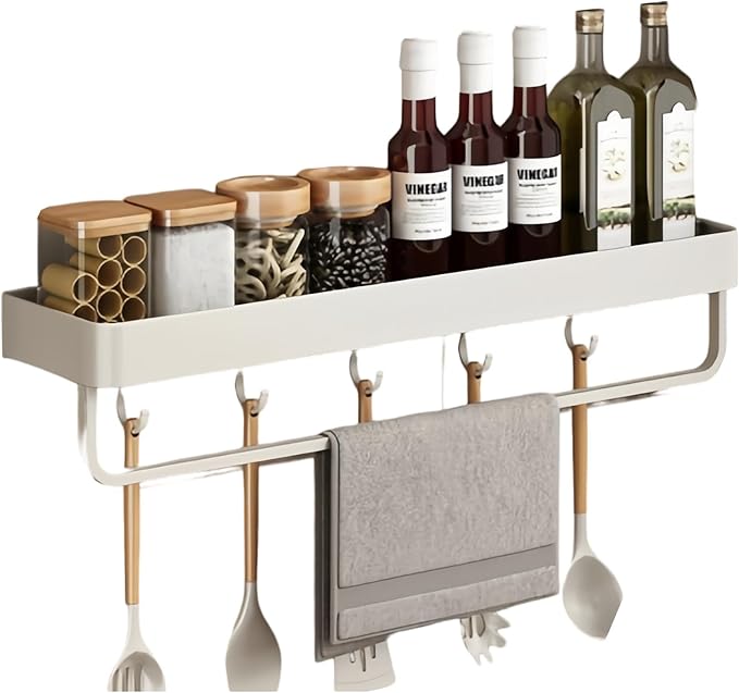 SEIDO Space-Saving Kitchen Utensil Holder | No-Drill Shelf Organizer | Wall Mount Spice Rack with Hooks & Bar for Bathroom | Space Aluminum | 24 Inch Long | White