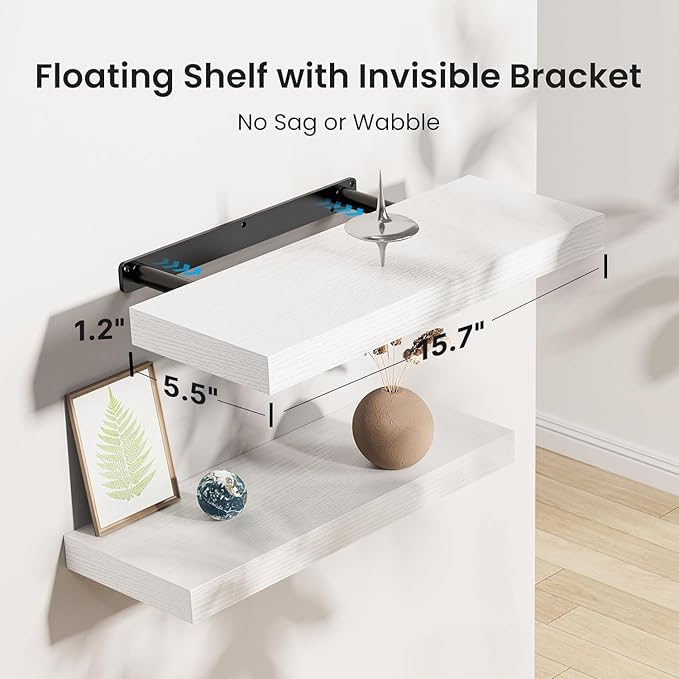 AMADA HOMEFURNISHING Floating Shelves, Wall Shelves for Bathroom/Living Room/Bedroom/Kitchen Decor, White Shelves with Invisible Brackets Set of 3 - AMFS08 | AMADA HOMEFURNISHING, Floating Shelves, Wall Shelves, for Bathroom, for Living Room, for Bedroom