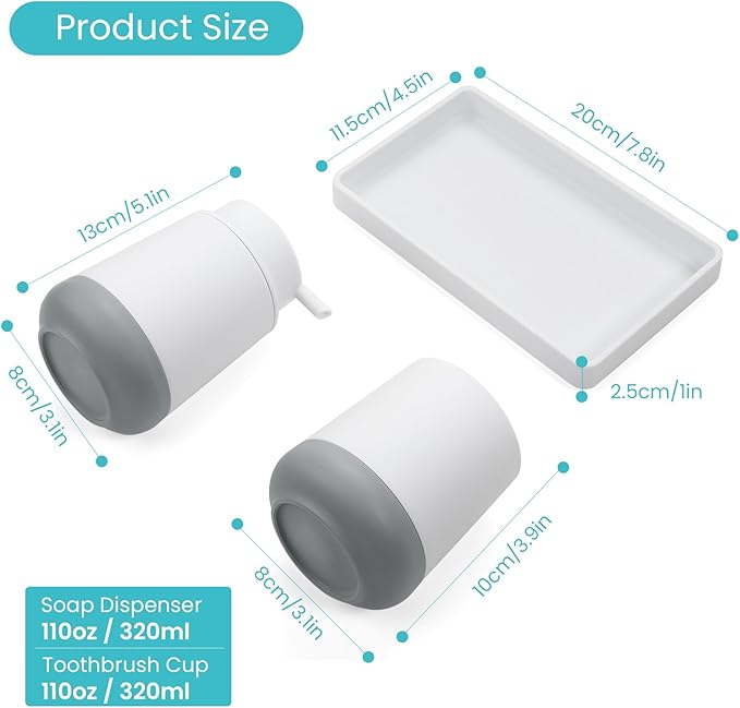White Bathroom Countertop Accessories Set - Soap Dispenser and Toothbrush Holder with Silicone Boot,Vanity Tray (White Foam)