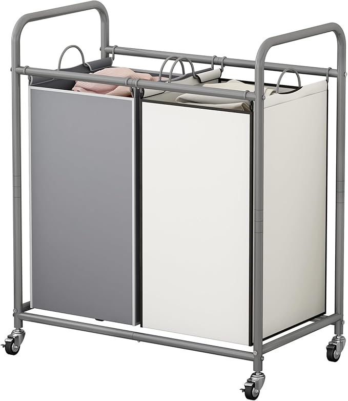 SUOERNUO Laundry Hamper Basket 2 Bag Laundry Sorter Cart with Rolling Lockable Wheels and Removable Bags Laundry Organizer Cart for Clothes Storage (Grey+Beige, 2 Bags)