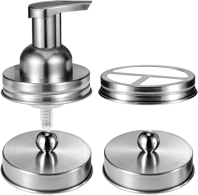 Mason Jar Bathroom Accessories Set(4pcs)-Jars Not Included - Foaming Soap Dispenser and Jars Lids for Regular Mouth jar, Wide Mouth Toothbrush Holder lid, Farmhouse Decor-Brushed Nickel