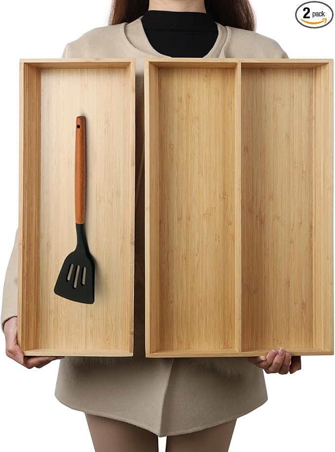 V-Shaped 2-Pack 19.6" Long Bamboo Drawer Organizer Box - Easy Reach Kitchen Utensil Flatware Silverware Cooking Tools Storage for Home Bedroom Bathroom (19.6"x12.4"/19.6"x7.8")