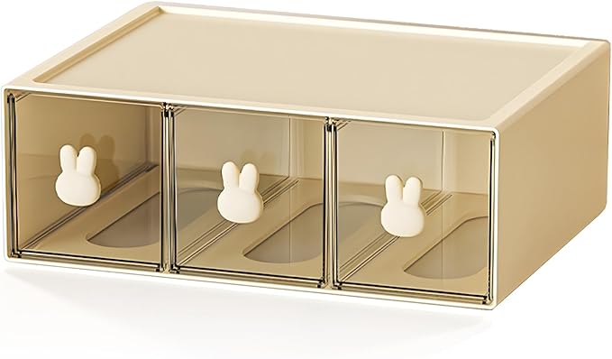 Desktop Storage Drawers, Plastic Desk Organizer with 3 Drawers, Modular Stackable Toolbox Units for Office Stationary, Makeup Container, Bathroom Countertop (1 Tall Layer, Cream & Clear)