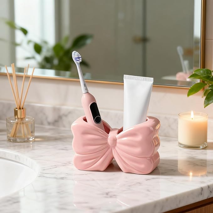 Bow Toothbrush Holder， 2-Slot Toothbrush and Toothpaste Holder Cute Toothbrush Holder Set, Bathroom Counter Organizer for Bathroom，Electric Toothbrushes, Floss, Razors - Pink