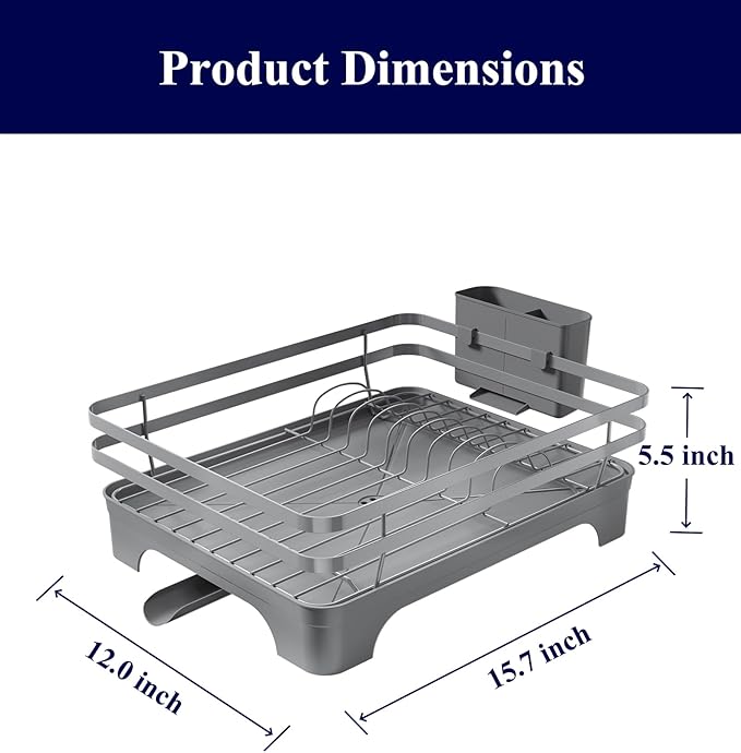 Kitsure Dish Drying Rack - Multi-Functional Dish Rack for Kitchen Counter with Cutlery Holder, Rust-Proof Storage Solution with Rotatable, 15.7" x 12.0" x 5.5", Grey