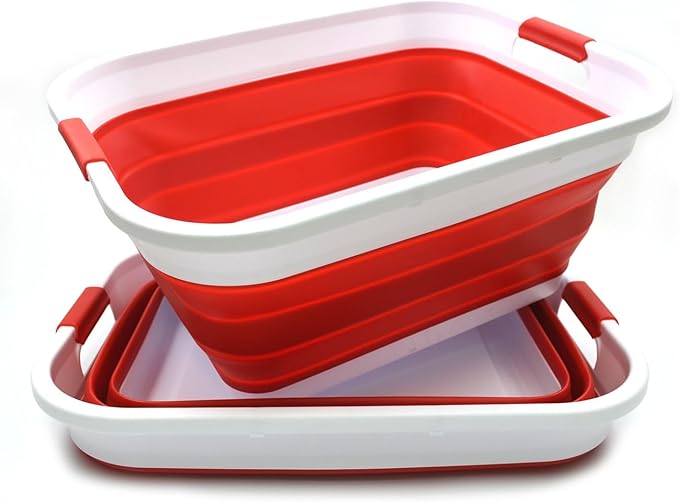 SAMMART Set of 2-41L(10.8 gallon) Collapsible Plastic Laundry Basket-Pop Up Storage Container-Portable Washing Tub-Space Saving Hamper/Basket, Water capacity:32L(8.4 gallon) (2 Rectangular, Red)