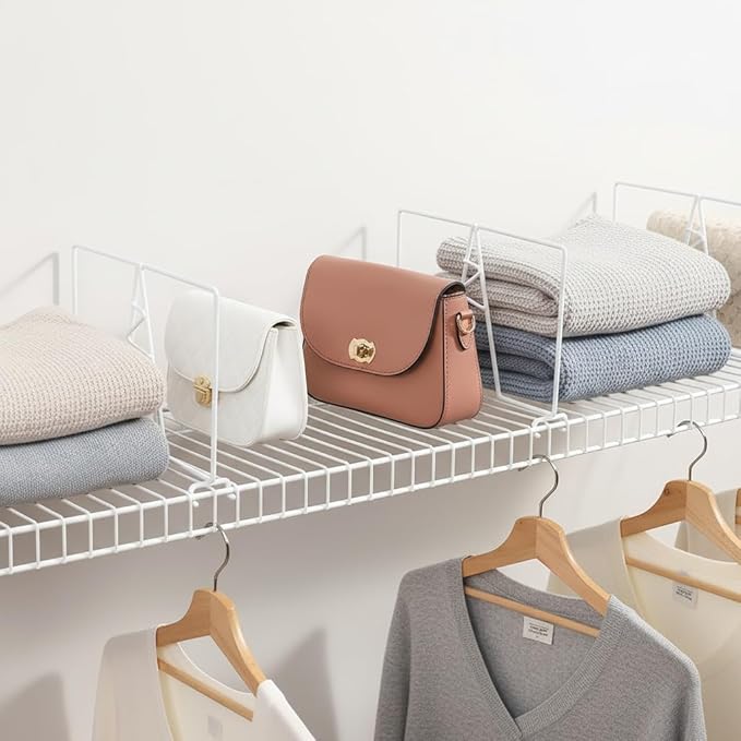 Wire Shelf Dividers - White Closet Organization & Storage Organizer - No Tool Shelf Divider for Wire Shelves - Metal Shelf Accessories – for 12“ Deep Wire Shelves – Tall 7” Height – 8 Pack