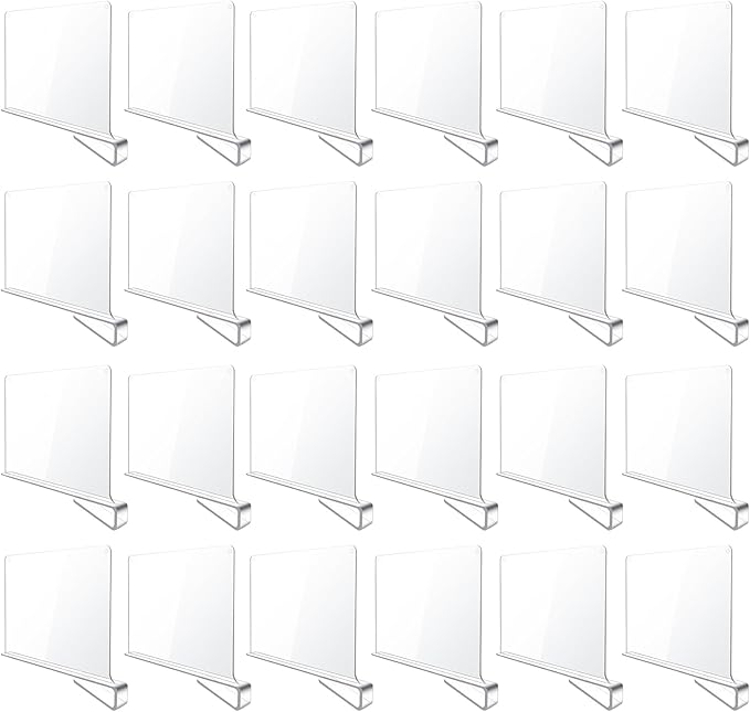 BAUMFEUER 24 Pack Clear Acrylic Shelf Dividers for Closet Shelf Organizer of Bedroom Kitchen Office Bathroom Organizer for Clothes Books Hats and Handbags