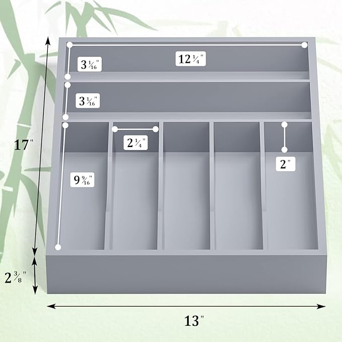 Utensil Organizer Silverware Drawer Organizer - 7 Slots Bamboo Utensil Tray Multifunctional Small Silverware Organizer for Kitchen Utensils, Garage Tools, Makeup Storage W13”x L17” (Grey)
