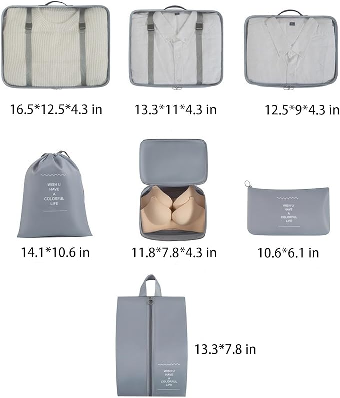 7set Packing Cubes for suitcases Travel Storage Bag Mesh Breathable Travel Packing Cubes for Suitcases Durable Travel Compression Storage Shoe Bag