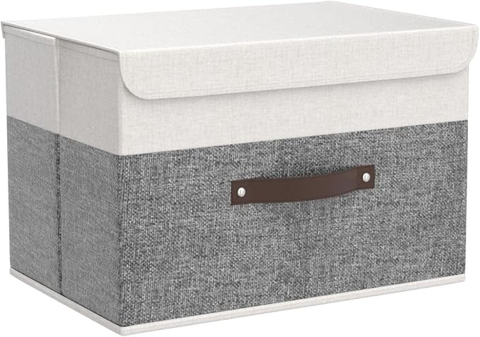 OUTBROS Large Cube Storage unit Boxes, Collapsible Bin with Lid, Linen Fabric Wardrobe Organiser, Baskets For Towels, Clothes, 17.7 x 11.8 x 11.8 inch (White/Grey, 3-Pack)