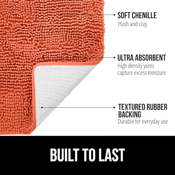 GORILLA GRIP Plush Absorbent Shaggy Chenille Bath Rug Mat for Square Toilet Base with Rubber Backing, Machine Washable Rugs, Soft Microfiber Contour Mats for Toilets, Bathroom Decor, Coral