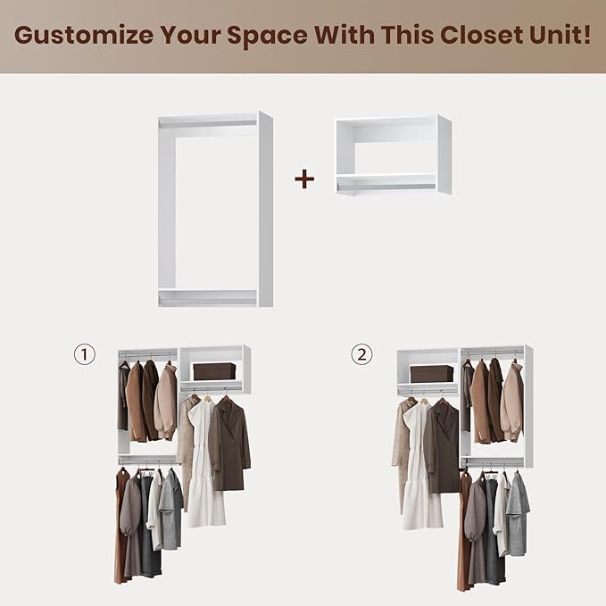 ROOMTEC Modular Closet System, 67" Wall-Mounted Closet Organizer with Hanging Rods, Wooden Tower for Walk-In Closets, Wardrobe Storage Kit, White