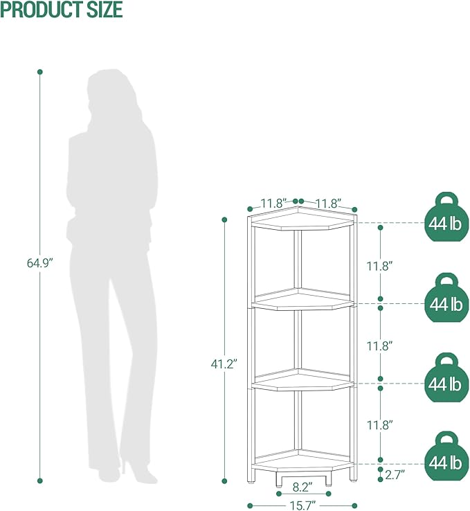 Corner Shelf Stand, Corner Bookshelf, Storage Standing Shelf Unit with Metal Frame, Plant Stand, Bookcase for Living Room, Home Office, Bedroom, 4-Tier White Gold CS05803A