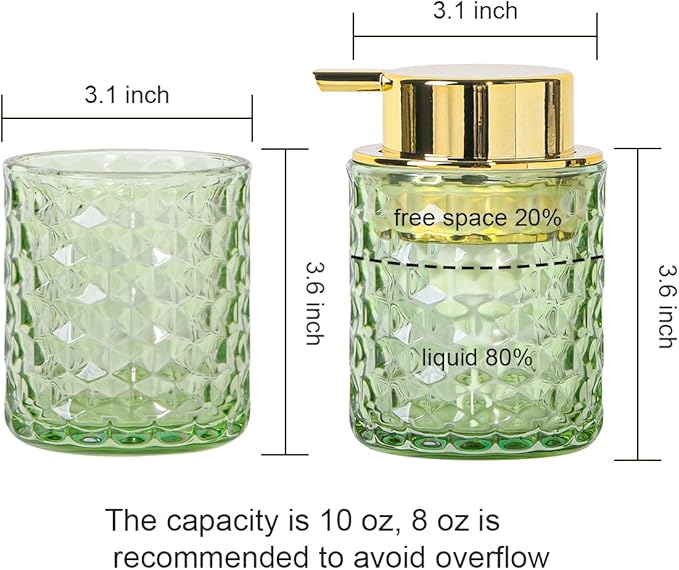 Bathroom Accessories 2 Piece Set Glass Soap Dispenser and Toothbrush Holder, 10oz Foaming Soap Dispenser, Green Toothbrush and Toothpaste Holder Organizer Cup for Modern Bathroom Decor