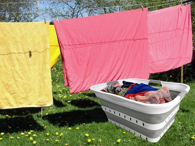 SAMMART 42L (11 gallons) Set of 2 Plastic Foldable Storage Basket/Container - Collapsible, Space Saving and Portable Laundry Hamper, Ideal for Home, Travel, Dorm, and Camping (2, White/Grey)