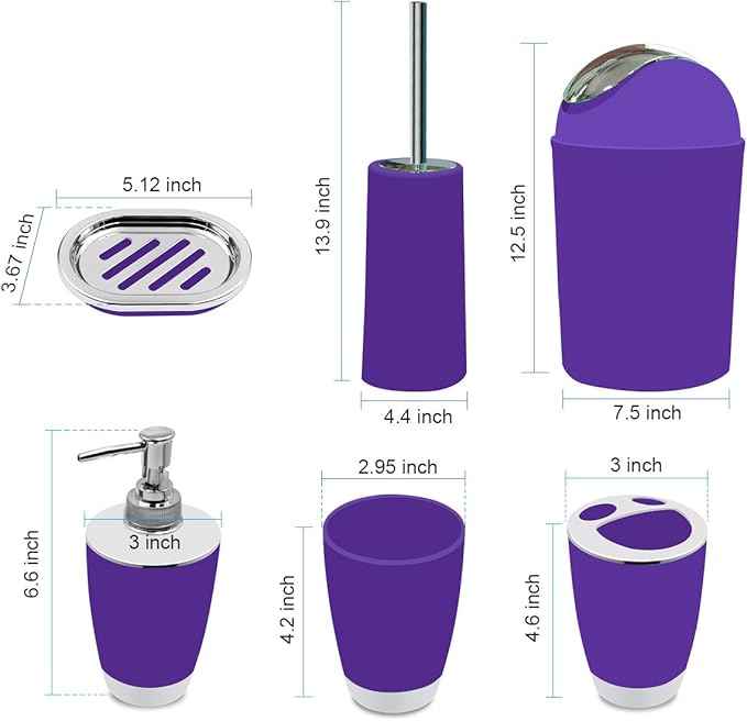 Bathroom Accessories Set, 6-Piece Plastic Gift Set, Toothbrush Holder, Toothbrush Cup, Soap Dispenser, Soap Dish, Toilet Brush Holder, Trash Can (Purple)