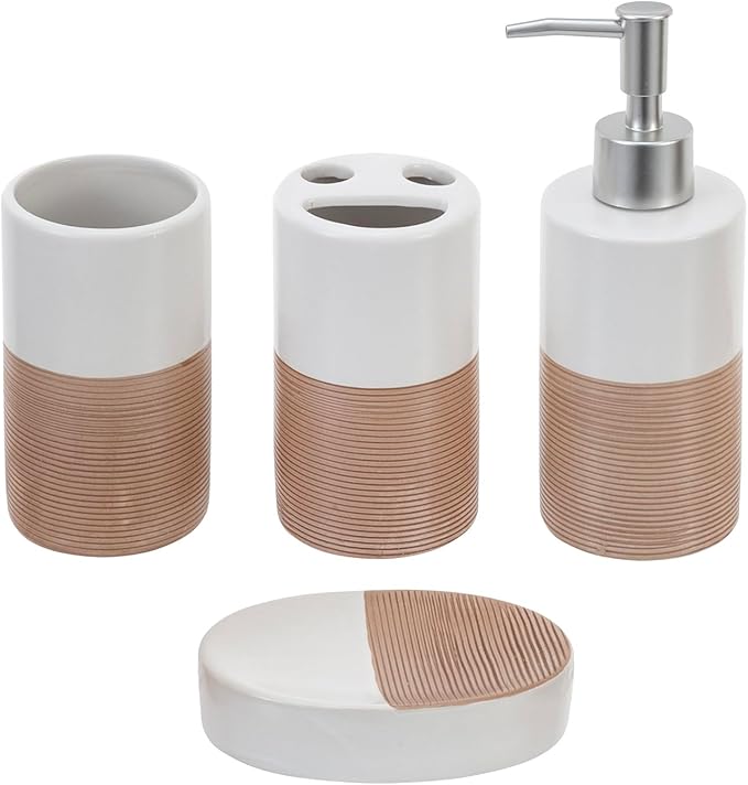 MyGift 4 Pcs Soap Dispenser and Toothbrush Holder Set, Ceramic Bathroom Accessories Set, Soap Dish, Pump Dispenser, Tumbler Cup, Dual Tone White with Clay Stripe