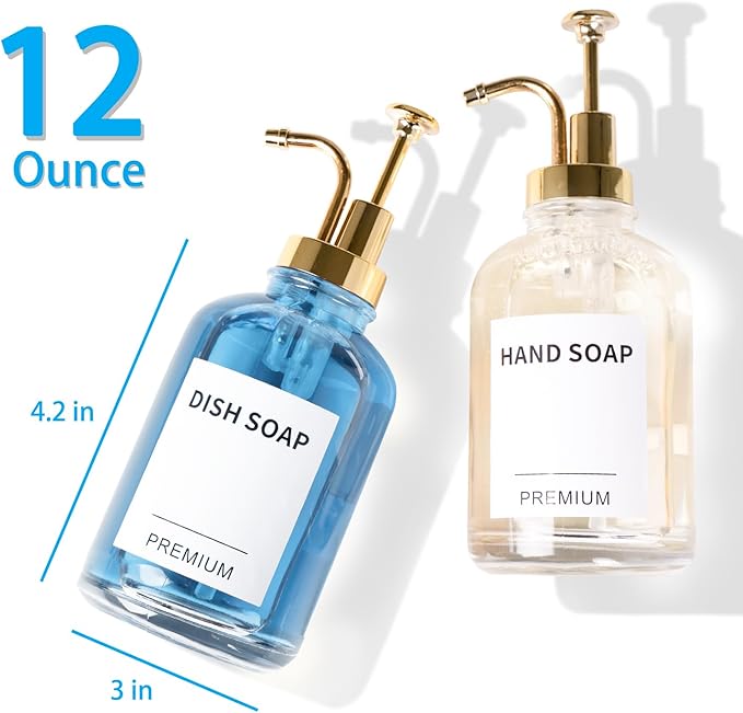 12oz Dish Soap Dispenser for Kitchen, Hand Glass Soap Dispenser Set with Pump, Tray, Funnel for Bathroom, Shower, Laundry, Liquid, Lotion (Gold 2 Pack Clear Bottles with 12 Stickers)