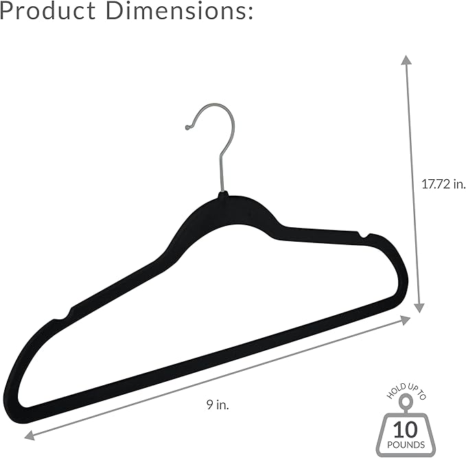 Simplify Slim Velvet Clothes Hangers | 50 Pack | Non-Slip | Shirts | Suit | Pants | Dresses | Garments | Closet Storage & Organization | Durable | Black