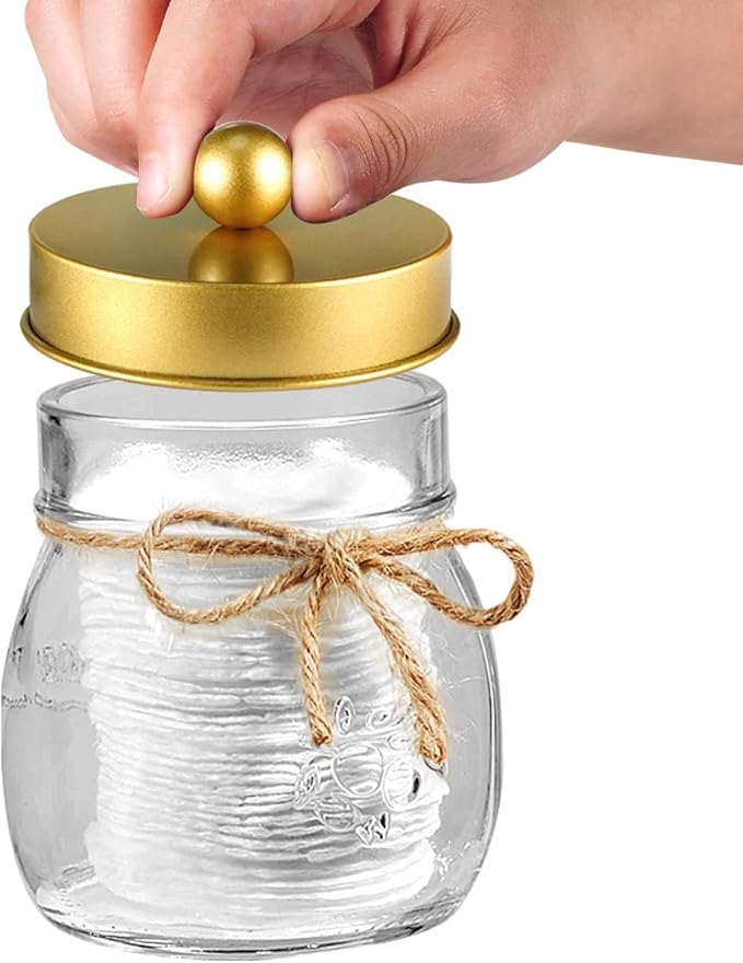 Amolliar Mason Jar Bathroom Accessories Set(4 Pcs) -Lotion Soap Dispenser & 2 Cotton Swab Holder & Toothbrush Holder-Rustic Farmhouse Decor, Countertop Vanity Organize, Bathroom Home Decor (Gold)