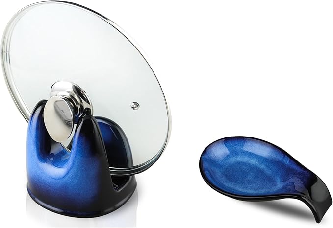 Nihow Pot Lid Holder and Spoon Rest for Kitchen Counter/Stove Top While Cooking - Heat Resistant & Dishwasher Safe - Elegant Black & Blue Sets