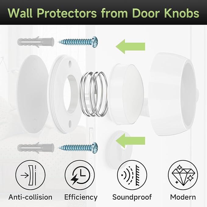 2PCS Door Stopper Wall Protector with Silicone Head, Aluminum Door Knob Wall Protector, Spring Shock Absorption Technology, 1.65" Door Stoppers for Wall, Adhesive Installation or with Screw, White