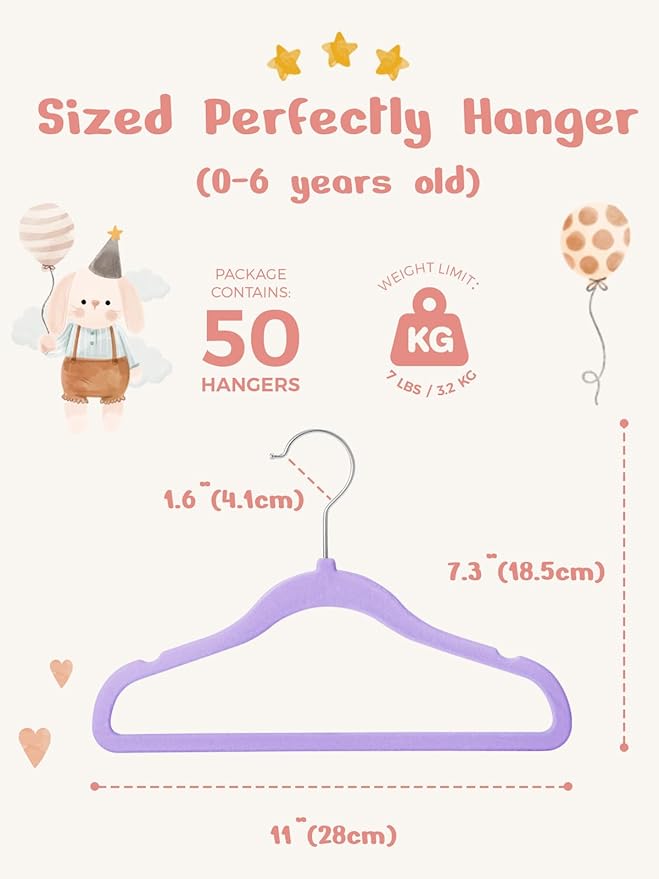 HOUSE DAY 11 Inch Velvet Baby Hangers 50 Pack Lt-Purple, Premium Kids Hangers for Children, Infant & Toddler Clothes, Durable Non Slip Small Baby Felt Hanger for Closet, Ideal for Everyday Use