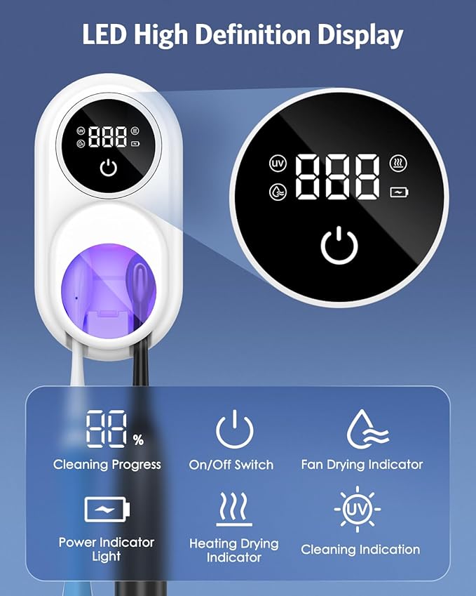 Temracha Toothbrush Sanitizer Holder, Upgraded UV Toothbrush Holder with Dual-Mode Clean & Air Dry, LED Smart Screen, Auto-Inductive Cover, Toothbrush Wall Mounted Cleaner Organizer for Bathroom, Trip