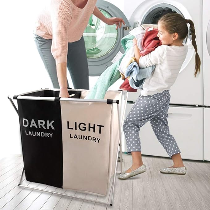 Nicesail Laundry Basket 2 Section Hamper Washing Storage Basket Bag, Folding Hamper Waterproof & Aluminum X-Frame, Cloth Organizer Durable Laundry Basket for Bathroom Home with Carrying Handle
