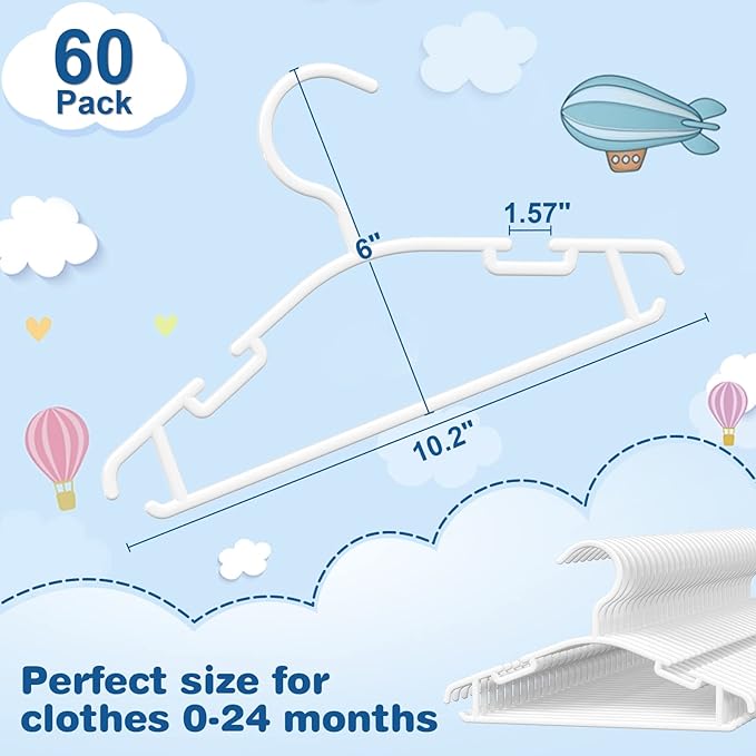 GoodtoU Baby Hangers, 60 Pack Baby Clothes Hangers for Closet Kids Plastic Hangers Toddler Infant Nursery Child Small Children (White)