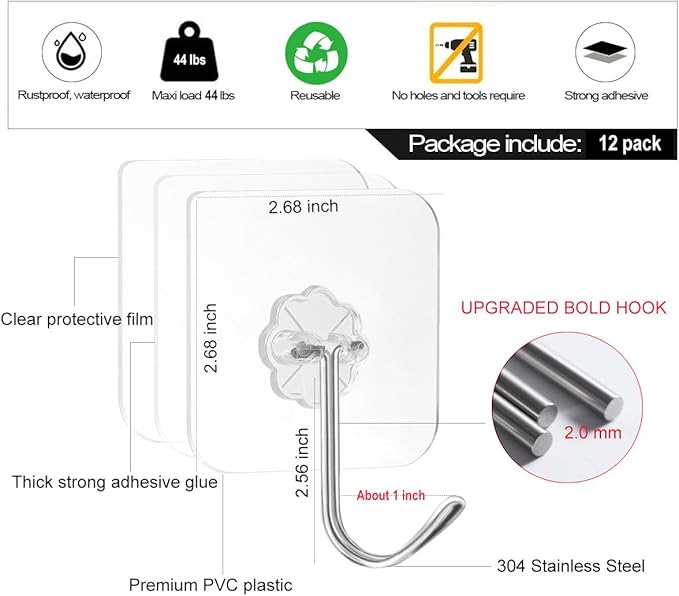 ZESLMG Adhesive Wall Hooks No Damage for Hanging, 12 Pack Large Self Sticky Hooks Heavy Duty 44lb Removable, Clear Hook for Shower Towel Coat Key Picture Wreath Outdoor Bathroom Kitchen, Waterproof