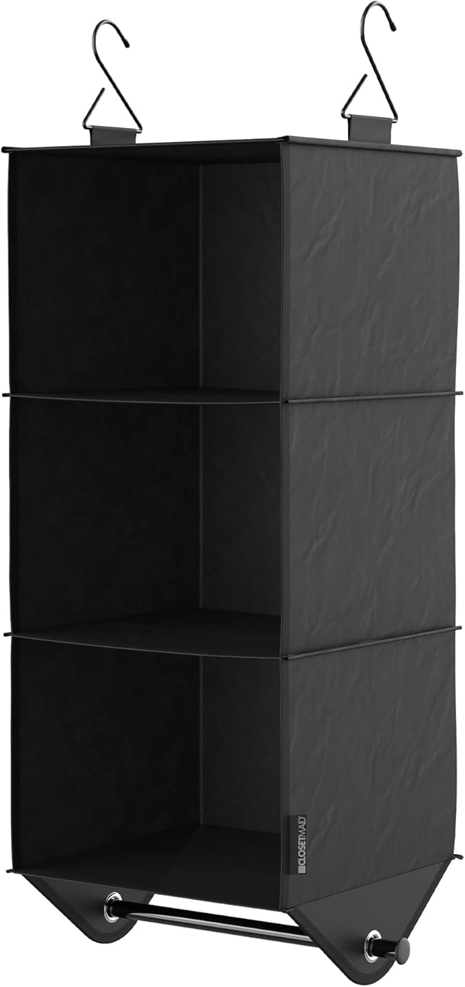 ClosetMaid 3-Shelf Fabric Hanging Closet Organizer with Garment Rod for Shirts, Sweaters, Pants, Hats, Shoes, Purses with Charcoal Black Finish