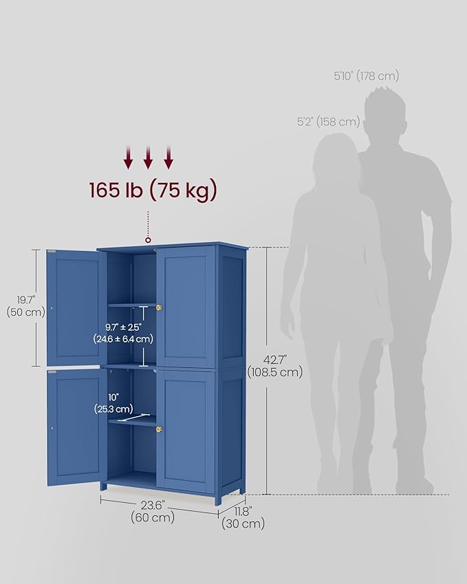 VASAGLE Floor Storage Cabinet, Shaker Cabinet with 2 Adjustable Shelves, 4 Doors, Tall Freestanding Organizer Unit, for Kitchen Bathroom Living Room, Bijou Blue UBBC553QE01S