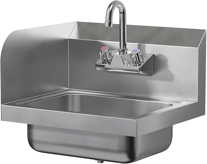 AmGood Stainless Steel Wall Mount Hand Sink with Faucet and Left Sidesplash 17" x 15" | NSF Commercial Hand Washing Basin For Restaurant, Kitchen and Home | Bowl Size: 10" x 14"