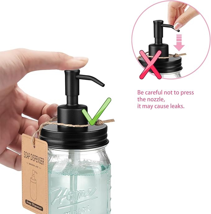 SheeChung 16 Oz Mason Jar Liquid Soap Dispenser, Glass Hand Soap Dispenser, Stainless Steel Pump Lid, Refillable Lotion Dispensers for Bathroom Countertop Kitchen (2, Black)
