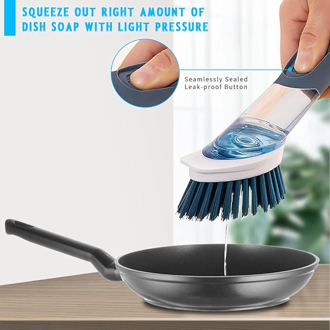 Dish Cleaning Brush, Soap Dispensing Dish Brush Set with 4 Replacement Heads and Storage Holder, Kitchen Scrub Brush for Dish Pot Pan Sink Cleaning (Blue)