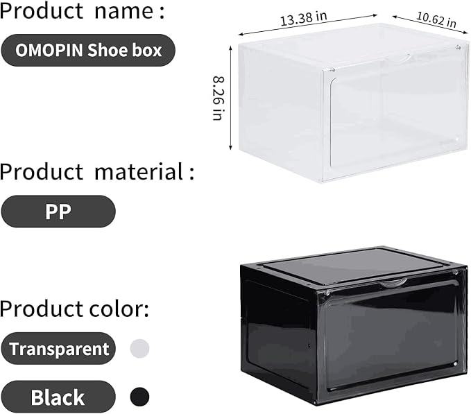OMOPIN 6 Pack XL Shoe Storage Box Organizer,Drop Side Large Shoe Boxes Clear Plastic Stackable Container,Magnetic Sneaker Display Case, Fit up to US 13（13.4”x 10.6”x 8.3”(6 Pack Clear)