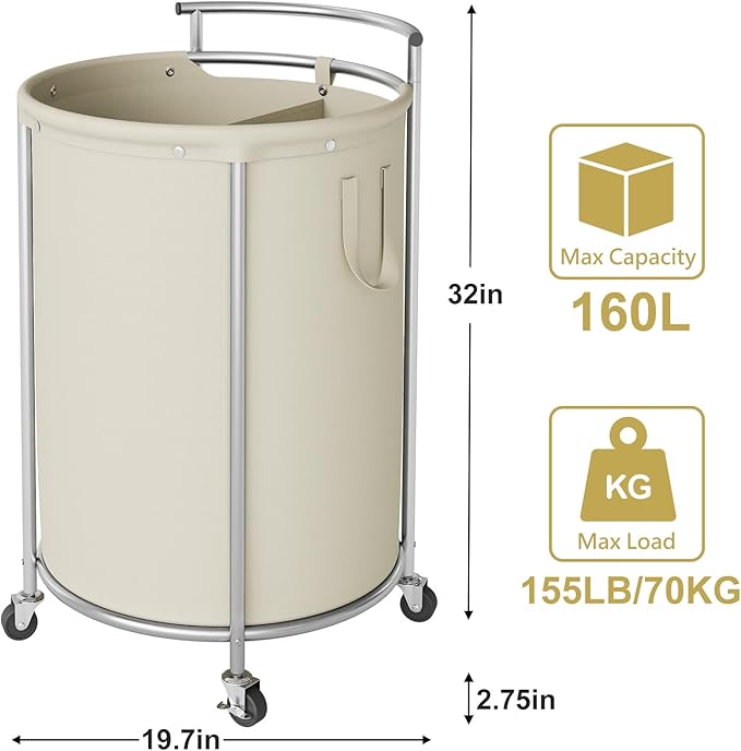 Chrislley 160L Double Laundry Hamper with Wheels, Rolling Laundry Basket with Removable Bag,Round Iron Laundry Cart with Steel Frame and Handle, Dirty Clothes Hamper Organizer for Dorm,Hoom(Beige)
