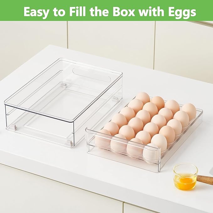 vacane Egg Holder for Refrigerator, 48 Capacity Clear Egg Storage Drawer with Non-Slip Pads, Stackable BPA-Free Egg Organizer Tray for Fridge
