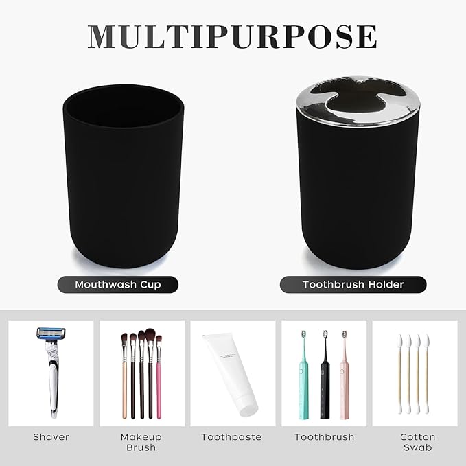 4 Pcs Bathroom Accessories Set,Bohemian Bathroom Toothbrush Holder Set.Include Soap Dispenser, Soap Dish, Toothbrush Holder, Mouthwash Cup, Modern Bahtroom Decor Set (Black, 4Pcs)