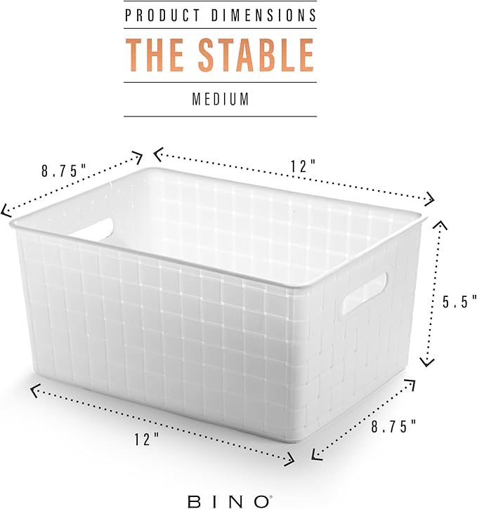 BINO Plastic Storage Baskets - Medium White - Rectangular Cabinet Organizer - Multi-Use Storage with Handles - Space Efficiency and Stock Management