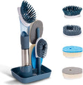 Dish Cleaning Brush, Soap Dispensing Dish Brush Set with 4 Replacement Heads and Storage Holder, Kitchen Scrub Brush for Dish Pot Pan Sink Cleaning (Blue)