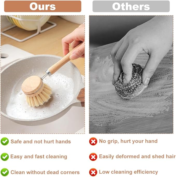 Bamboo Dish Brush Set, 1 Wooden Handle with 3 Natural Bristle Heads All Purpose Kitchen Scrub Brush with Sisal and Palm Horsehair for Cleaning Dishes Pans Vegetables(Color:Brown)