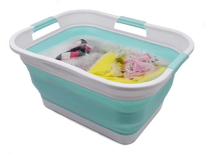 SAMMART 30L (8 gallon) Collapsible Plastic Laundry Basket - Foldable Pop Up Storage Container/Organizer - Portable Washing Tub - Water Capacity 24L(6.3 gallon) (1, White/Lake Green)