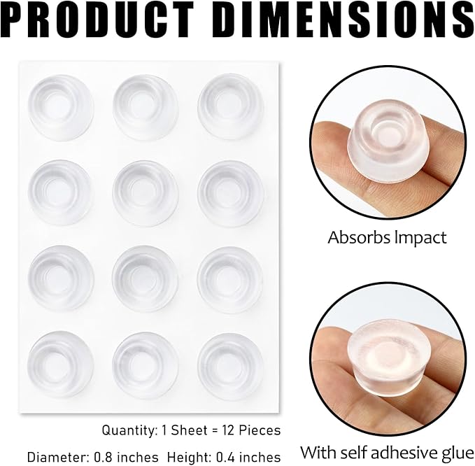 0.8" Wall Door Handle Stopper, 12PCS Clear Self Adhesive Wall Protector Rubber Door Bumpers, Solution for Stopping Damage from Doors Knobs, Shock Absorbent and Noise Reduction